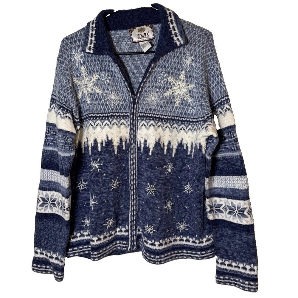 VTG Y2K Tiara International Snowflake Cardigan Women L Blue Zip Sweater